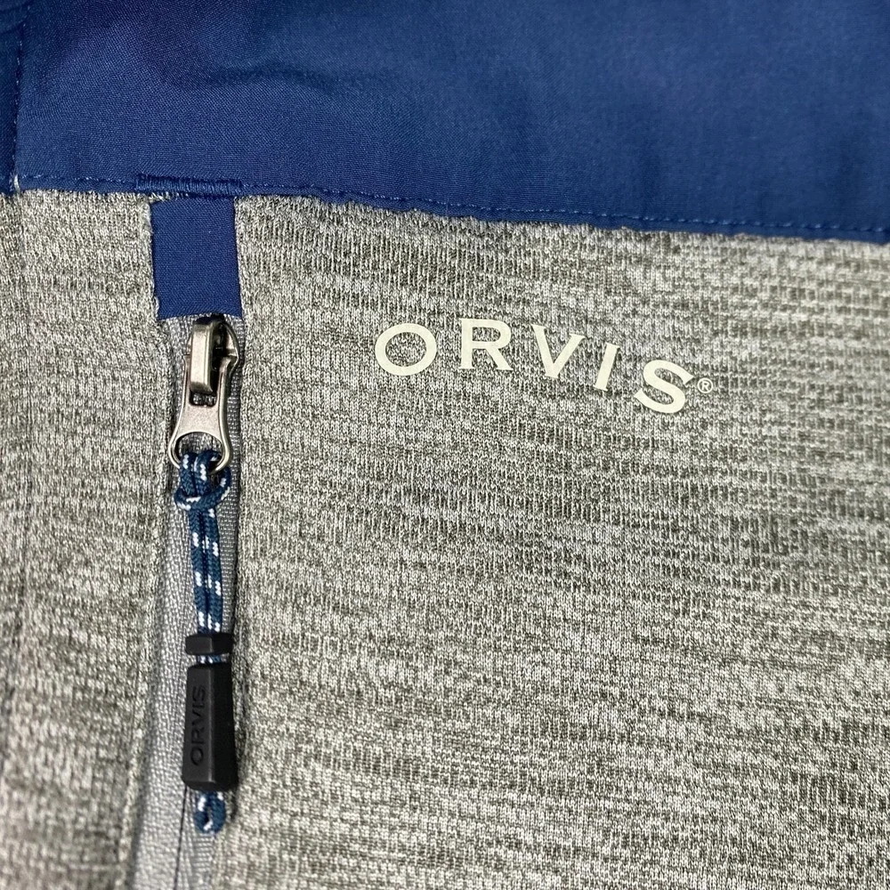 Orvis Jacket Mens Large Gray Navy Full Zip Fleece Hybrid Zip‎ Pockets Outdoors